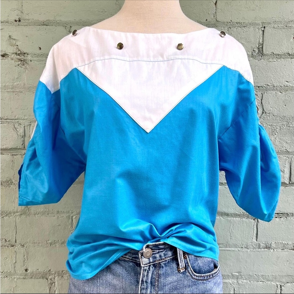 Vintage Blue & White Colorblock Boatneck Top
